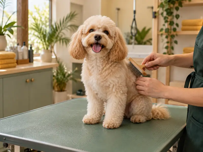 Perro de pelo rizado siendo cepillado en la mesa de grooming
