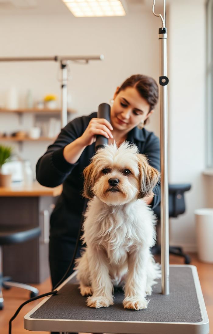 Groomer secando a una mascota pequeña